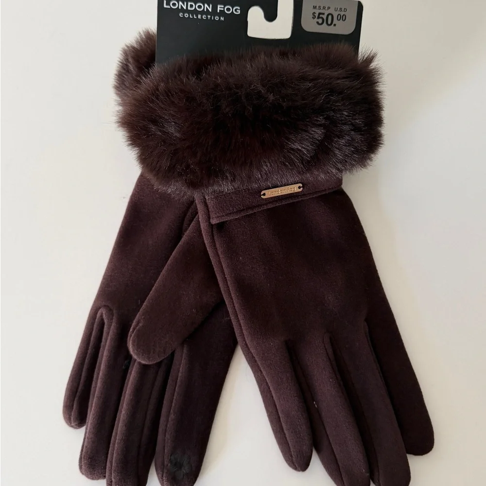 NWT London Fog Women’s Faux Fur Gloves Brown - Picture 4 of 4